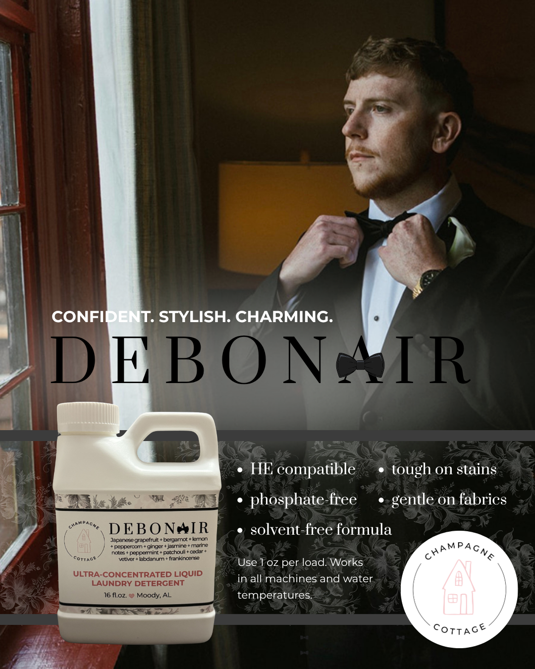 Advertisement for Debonair laundry detergent featuring a man adjusting his bow tie.